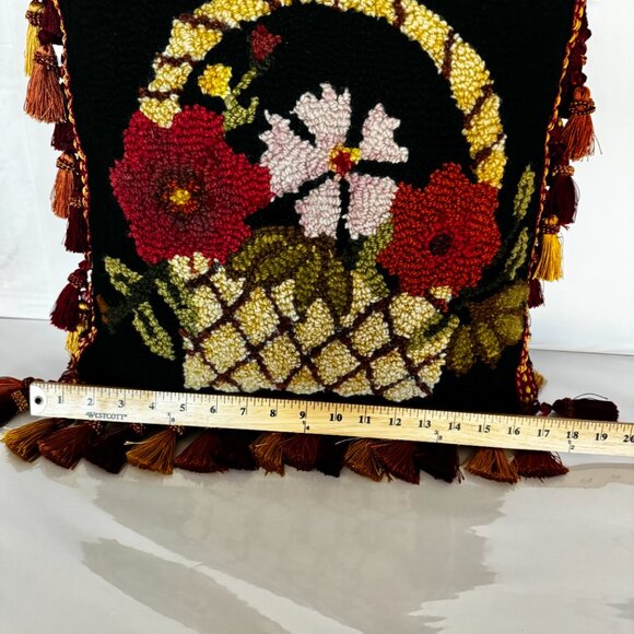 Vtg MCM Hand Hooked Wool Throw Toss Pillow Flower Basket 17x17" Cushion Tasseled - Picture 15 of 16